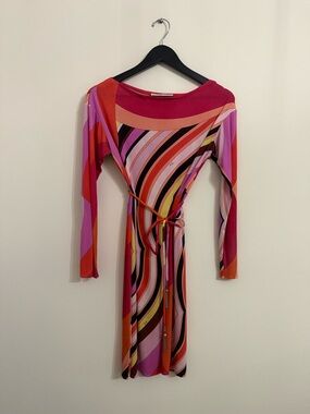 Emilio Pucci Iride Print Silk Dress with Belt in Pink, Orange & Red. Size US 10